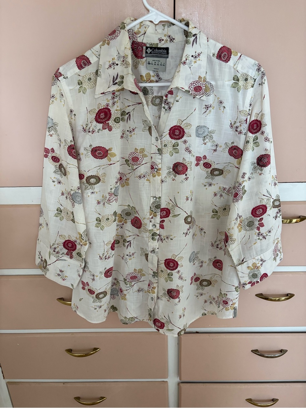 Columbia Cream Floral Button-Down Shirt with Red & Olive Accents